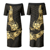 Gold Black Polynesia Hibiscus Plumeria Tattoo Family Matching Puletasi and Hawaiian Shirt