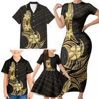 Gold Black Polynesia Hibiscus Plumeria Tattoo Family Matching Short Sleeve Bodycon Dress and Hawaiian Shirt