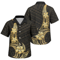 Gold Black Polynesia Hibiscus Plumeria Tattoo Family Matching Short Sleeve Bodycon Dress and Hawaiian Shirt