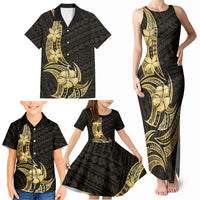 Gold Black Polynesia Hibiscus Plumeria Tattoo Family Matching Tank Maxi Dress and Hawaiian Shirt