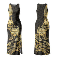 Gold Black Polynesia Hibiscus Plumeria Tattoo Family Matching Tank Maxi Dress and Hawaiian Shirt