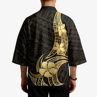 Gold Black Polynesia Hibiscus Plumeria Tattoo Kimono