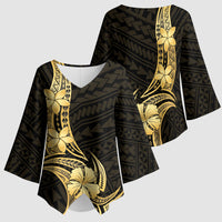 Gold Black Polynesia Hibiscus Plumeria Tattoo Kimono Sleeve Blouse