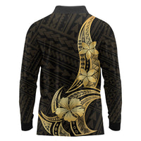 Gold Black Polynesia Hibiscus Plumeria Tattoo Long Sleeve Polo Shirt