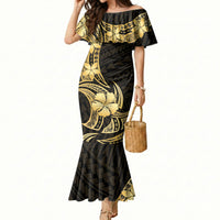 Gold Black Polynesia Hibiscus Plumeria Tattoo Mermaid Dress