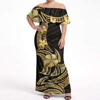 Gold Black Polynesia Hibiscus Plumeria Tattoo Off Shoulder Maxi Dress