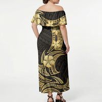 Gold Black Polynesia Hibiscus Plumeria Tattoo Off Shoulder Maxi Dress