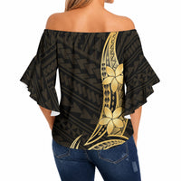 Gold Black Polynesia Hibiscus Plumeria Tattoo Off Shoulder Wrap Waist Top