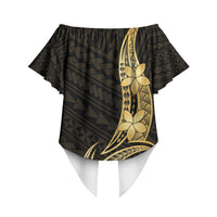 Gold Black Polynesia Hibiscus Plumeria Tattoo Off Shoulder Wrap Waist Top