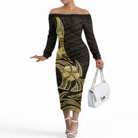 Gold Black Polynesia Hibiscus Plumeria Tattoo Off The Shoulder Long Sleeve Dress