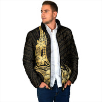 Gold Black Polynesia Hibiscus Plumeria Tattoo Padded Jacket