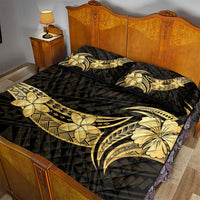 Gold Black Polynesia Hibiscus Plumeria Tattoo Quilt Bed Set