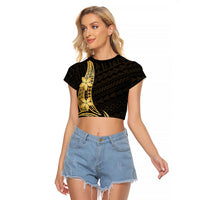 Gold Black Polynesia Hibiscus Plumeria Tattoo Raglan Cropped T Shirt
