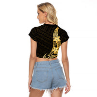 Gold Black Polynesia Hibiscus Plumeria Tattoo Raglan Cropped T Shirt