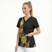 Gold Black Polynesia Hibiscus Plumeria Tattoo Scrub Top