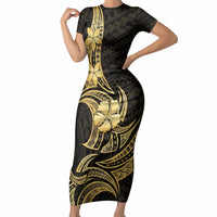Gold Black Polynesia Hibiscus Plumeria Tattoo Short Sleeve Bodycon Dress