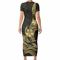 Gold Black Polynesia Hibiscus Plumeria Tattoo Short Sleeve Bodycon Dress