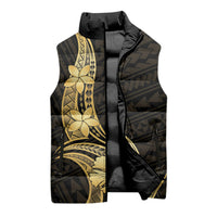 Gold Black Polynesia Hibiscus Plumeria Tattoo Sleeveless Puffer Jacket