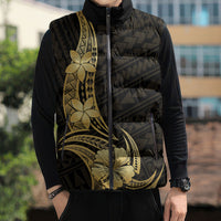Gold Black Polynesia Hibiscus Plumeria Tattoo Sleeveless Puffer Jacket
