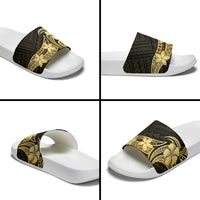 Gold Black Polynesia Hibiscus Plumeria Tattoo Slide Sandals