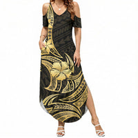 Gold Black Polynesia Hibiscus Plumeria Tattoo Summer Maxi Dress