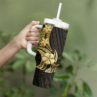 Gold Black Polynesia Hibiscus Plumeria Tattoo Tumbler With Handle