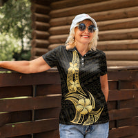 Gold Black Polynesia Hibiscus Plumeria Tattoo Women Polo Shirt