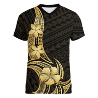 Gold Black Polynesia Hibiscus Plumeria Tattoo Women V-Neck T-Shirt