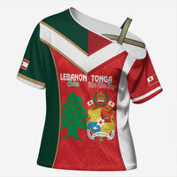 Custom Rugby Tonga and Lebanon Cross Shoulder Shirt Mate Maa Tonga Cedars Together