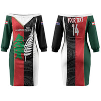 Custom Rugby New Zealand and Lebanon Family Matching Off The Shoulder Long Sleeve Dress and Hawaiian Shirt All Black Cedars Together