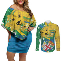 Malampa Fiji Day Couples Matching Off Shoulder Short Dress and Long Sleeve Button Shirt 10 October Together We Grow Grunge Tapa Motifs