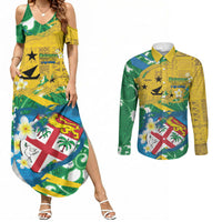Malampa Fiji Day Couples Matching Summer Maxi Dress and Long Sleeve Button Shirt 10 October Together We Grow Grunge Tapa Motifs