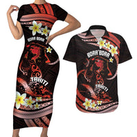 Personalised Tahiti Bora Bora Couples Matching Short Sleeve Bodycon Dress and Hawaiian Shirt Manta Rays With Polynesian Plumeria