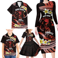 Personalised Tahiti Bora Bora Family Matching Long Sleeve Bodycon Dress and Hawaiian Shirt Manta Rays With Polynesian Plumeria LT14 - Polynesian Pride