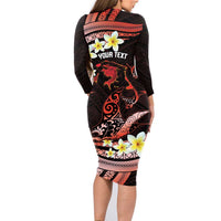 Personalised Tahiti Bora Bora Family Matching Long Sleeve Bodycon Dress and Hawaiian Shirt Manta Rays With Polynesian Plumeria LT14 - Polynesian Pride