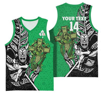 New Zealand and Ireland Rugby Custom Basketball Jersey Maori Tiki Fern Irish Celtic Cross - Polynesian Pride