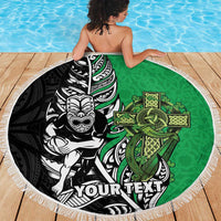New Zealand and Ireland Rugby Custom Beach Blanket Maori Tiki Fern Irish Celtic Cross - Polynesian Pride