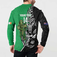 New Zealand and Ireland Rugby Custom Button Sweatshirt Maori Tiki Fern Irish Celtic Cross - Polynesian Pride
