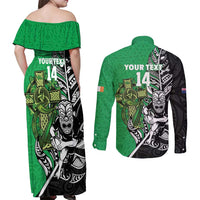 New Zealand and Ireland Rugby Custom Couples Matching Off Shoulder Maxi Dress and Long Sleeve Button Shirt Maori Tiki Fern Irish Celtic Cross - Polynesian Pride