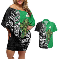 New Zealand and Ireland Rugby Custom Couples Matching Off Shoulder Short Dress and Hawaiian Shirt Maori Tiki Fern Irish Celtic Cross - Polynesian Pride