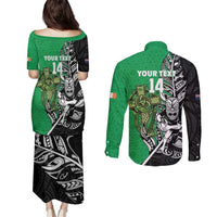 New Zealand and Ireland Rugby Custom Couples Matching Puletasi and Long Sleeve Button Shirt Maori Tiki Fern Irish Celtic Cross - Polynesian Pride