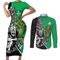 New Zealand and Ireland Rugby Custom Couples Matching Short Sleeve Bodycon Dress and Long Sleeve Button Shirt Maori Tiki Fern Irish Celtic Cross - Polynesian Pride