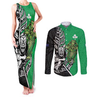 New Zealand and Ireland Rugby Custom Couples Matching Tank Maxi Dress and Long Sleeve Button Shirt Maori Tiki Fern Irish Celtic Cross - Polynesian Pride