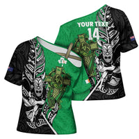 New Zealand and Ireland Rugby Custom Cross Shoulder Shirt Maori Tiki Fern Irish Celtic Cross - Polynesian Pride