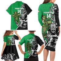 New Zealand and Ireland Rugby Custom Family Matching Long Sleeve Bodycon Dress and Hawaiian Shirt Maori Tiki Fern Irish Celtic Cross - Polynesian Pride