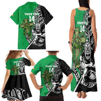New Zealand and Ireland Rugby Custom Family Matching Tank Maxi Dress and Hawaiian Shirt Maori Tiki Fern Irish Celtic Cross - Polynesian Pride