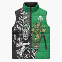 New Zealand and Ireland Rugby Custom Sleeveless Puffer Jacket Maori Tiki Fern Irish Celtic Cross - Polynesian Pride
