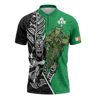 New Zealand and Ireland Rugby Custom Zipper Polo Shirt Maori Tiki Fern Irish Celtic Cross - Polynesian Pride