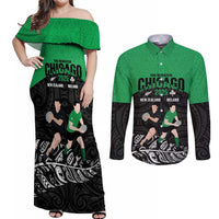 New Zealand and Ireland Rugby Custom Couples Matching Off Shoulder Maxi Dress and Long Sleeve Button Shirt Chicago 2025 Go All Black Shamrocks - Polynesian Pride