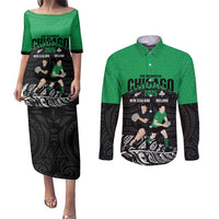 New Zealand and Ireland Rugby Custom Couples Matching Puletasi and Long Sleeve Button Shirt Chicago 2025 Go All Black Shamrocks - Polynesian Pride